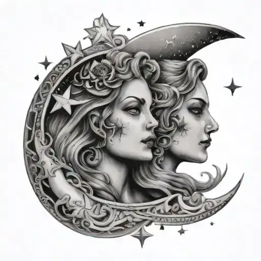 Gemini sisters with a half sun and half moon in a sky full of stars  tattoo design idea