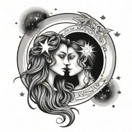 Gemini Sisters hair with star filled sky and half moon half sun in sky tattoo design idea