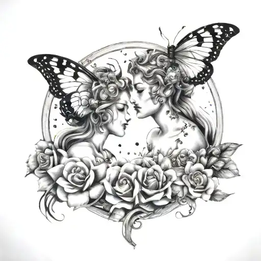 Gemini sisters with a half sun and half moon in a sky full of stars and butterflies  tattoo design idea