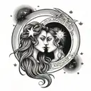 Gemini Sisters hair with star filled sky and half moon half sun in sky tattoo design idea