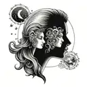 Gemini Sisters hair with star filled sky and half moon half sun in sky tattoo design idea