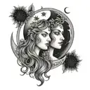 Gemini Sisters hair with star filled sky and half moon half sun in sky tattoo design idea