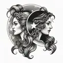 Gemini Sisters hair with star filled sky and half moon half sun in sky tattoo design idea