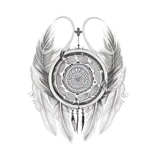dream catcher with angel wings and feather tattoo design idea