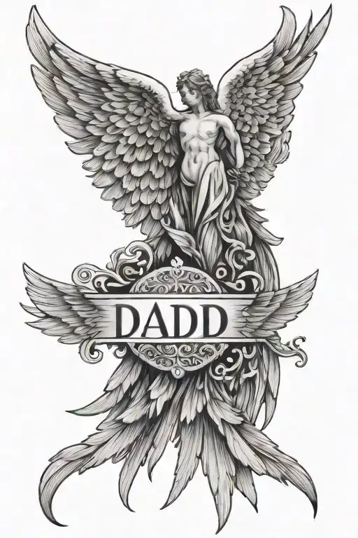 angel wings with the name "dad" in the middle of the wings with "11-4-23" under the wings tattoo design idea