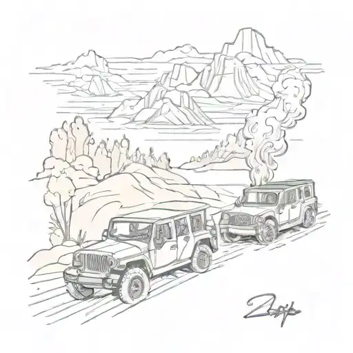 2 4 door jeeps on a river bank with a fire in the mountains  tattoo design idea