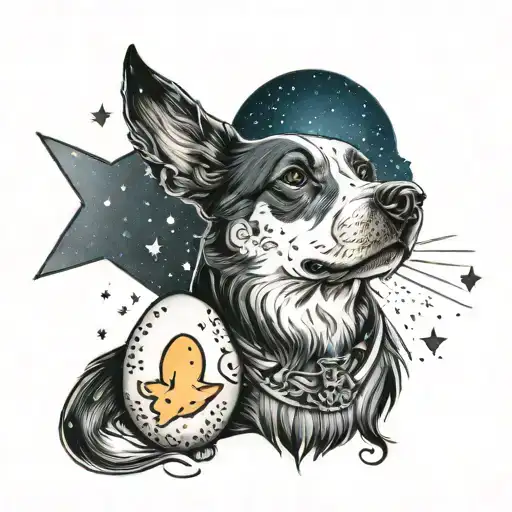 Una huella de perro, con simbologia del espacio y estrellas pero con un huevo para añadir el nombre Nora tattoo design idea