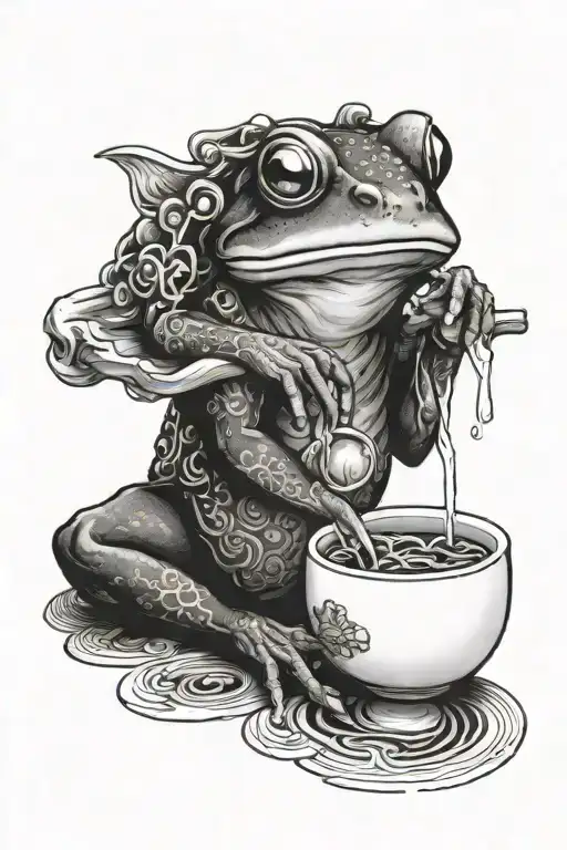 japanese frog drinking sake black and white  tattoo design idea