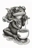 japanese frog drinking sake black and white  tattoo design idea