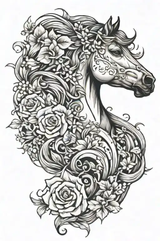  horse head surounded by flowers growing tattoo design idea