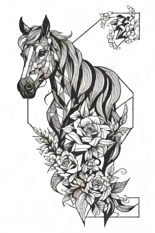 simple horse head with flowers tattoo design idea