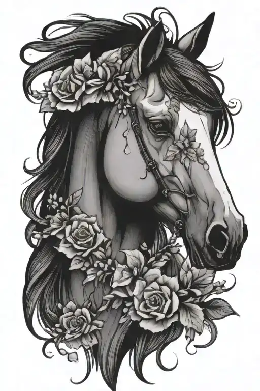 horse head with flowers surrounding tattoo design idea