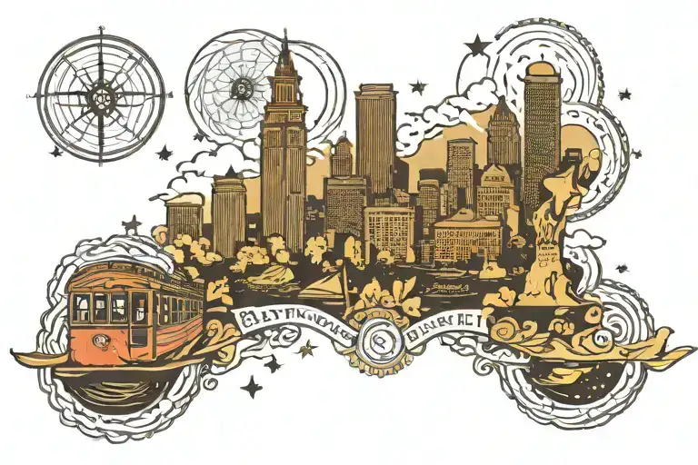 skyline of Boston with the night sky filled with stars tattoo design idea