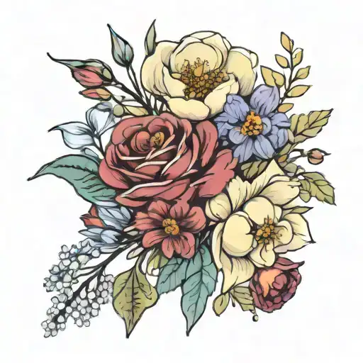 Bouquet with january, 2 march, april, 2 august, and october birth flowers  tattoo design idea
