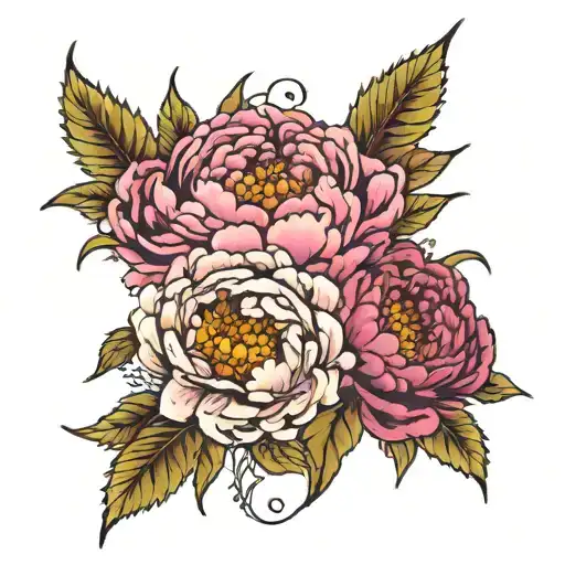 peony flowers and chrysantheum and rose and violet and daisy intertwined  tattoo design idea