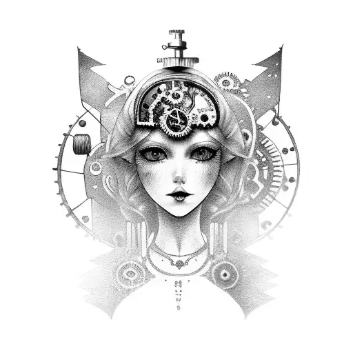 A doll woman with a steampunk aesthetic, featuring clockwork gears and intricate details tattoo design idea