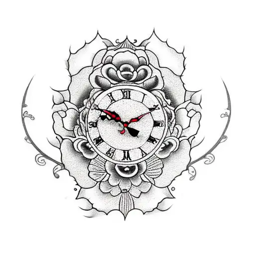 clock with roses tattoo design idea