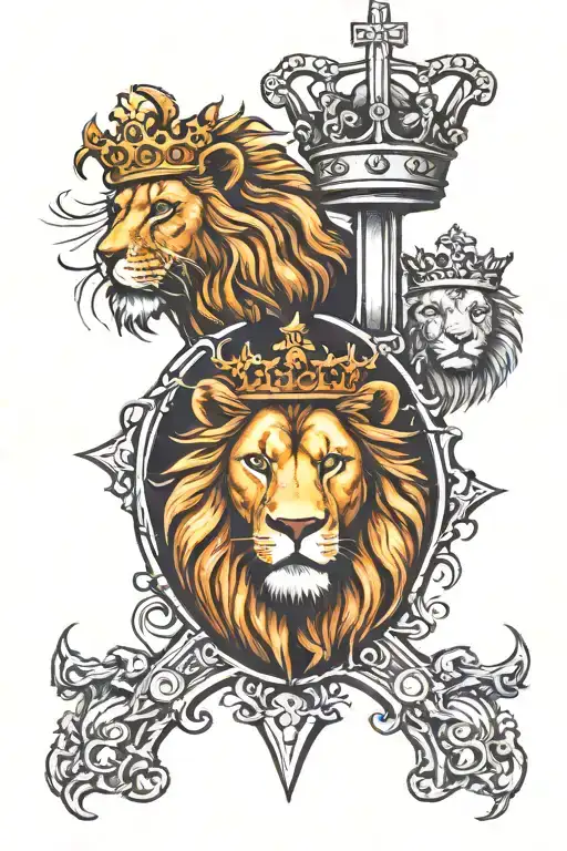 Three crosses with lion wearing a crown tattoo design idea