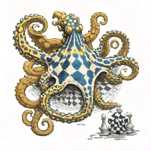 blue ringed octopus, playing chess with itself.  black king,  white king, and gray queen.  tattoo design idea