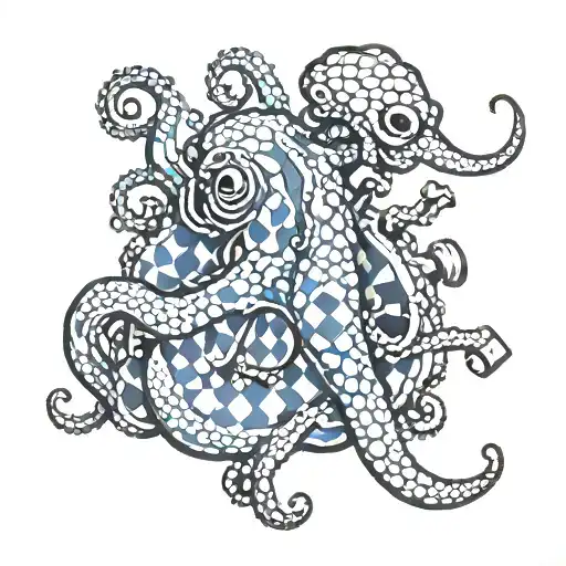blue ringed octopus, playing chess with itself.  black king,  white king, and gray queen.  tattoo design idea