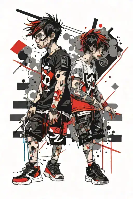 a boy with 2 personalities representing duality lover and fighter.  with color accents tattoo design idea