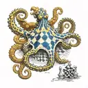 blue ringed octopus, playing chess with itself.  black king,  white king, and gray queen.  tattoo design idea