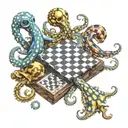 blue ringed octopus, playing chess with itself.  black king,  white king, and gray queen.  tattoo design idea