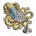 blue ringed octopus, playing chess with itself.  black king,  white king, and gray queen.  tattoo design idea