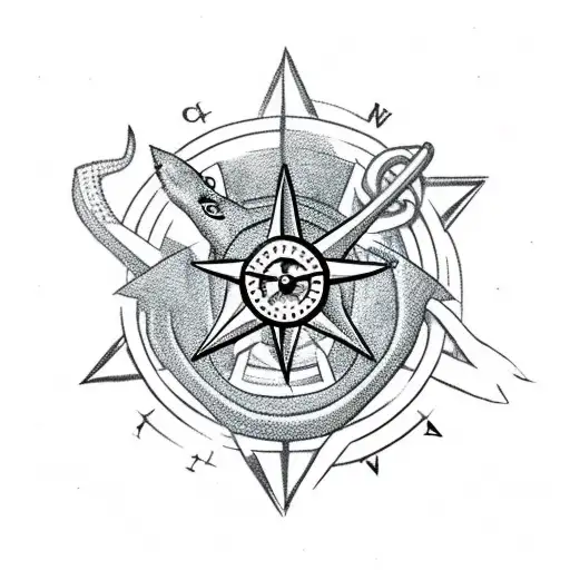 Shark with anchor and a compass and clock and skull with crown tattoo design idea