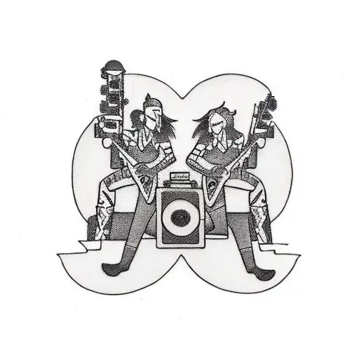 A traditional tattoo design of a punk rock drummer and bassist surrounded by comic book sound effects tattoo design idea