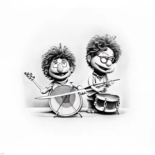 A realistic portrait tattoo of Ernie and Bert from Sesame Street playing drums and bass guitar together tattoo design idea