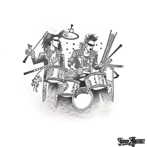 A traditional tattoo design of a punk rock drummer and bassist surrounded by comic book sound effects tattoo design idea