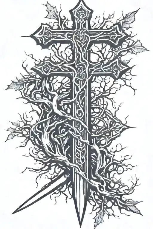 sword with a cross like hilt with blade point turning into tree roots tattoo design idea
