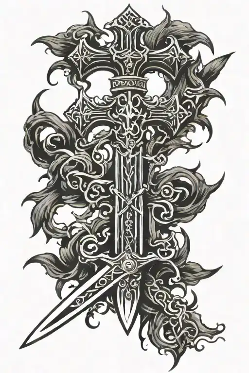 sword with a cross like hilt with blade transforming into roots tattoo design idea