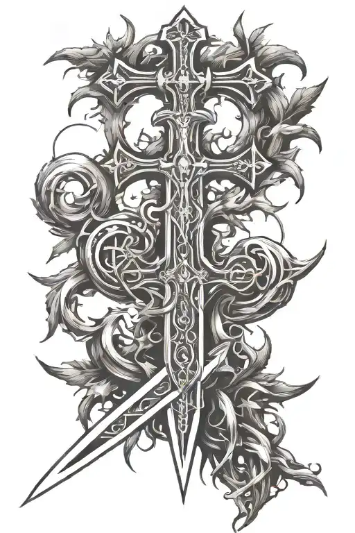 sword with a cross like hilt with blade point turning into tree roots tattoo design idea