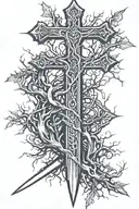 sword with a cross like hilt with blade point turning into tree roots tattoo design idea