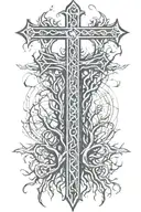 sword with a cross like hilt with blade point turning into tree roots tattoo design idea