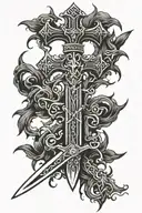 sword with a cross like hilt with blade transforming into roots tattoo design idea