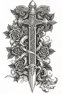 sword with a cross like hilt with blade transforming into roots tattoo design idea