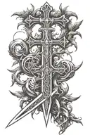 sword with a cross like hilt with blade point turning into tree roots tattoo design idea