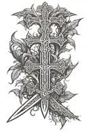 sword with a cross like hilt with blade point turning into tree roots tattoo design idea
