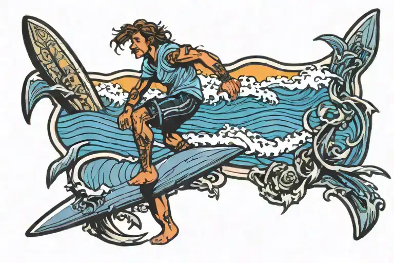 horizontal tattoo sketch, 80mm wide, located just above a man's knee, depicting a surfing scene tattoo design idea