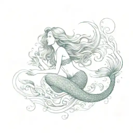mermaid swimming up and away with lots of kelp hair tattoo design idea