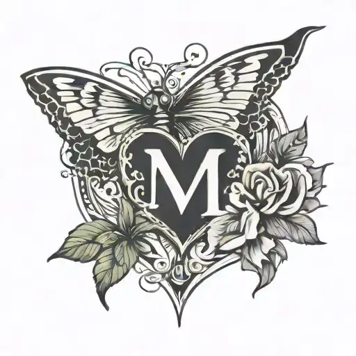 heart with butterfly wings and with initial s,m,n tattoo design idea