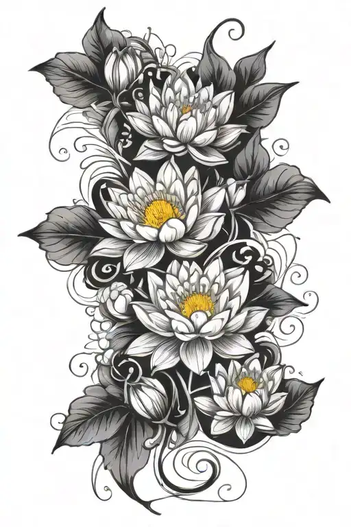 draw a fine line flower vine tattoo with water lily’s, mums, morning glory’s, and baby’s breath  tattoo design idea