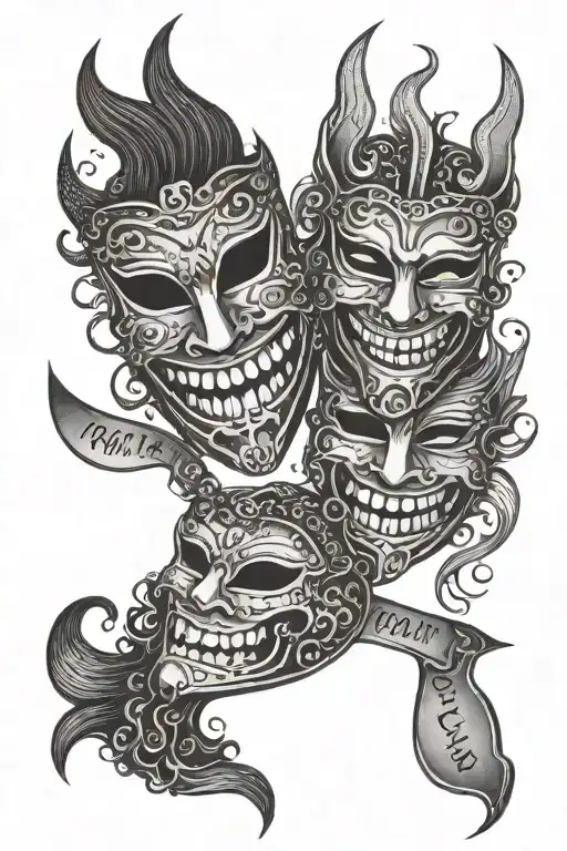 Smile and frown masks with writing "Beauty and Terror, No Feeling is Final"  tattoo design idea