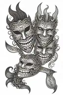 Smile and frown masks with writing "Beauty and Terror, No Feeling is Final"  tattoo design idea