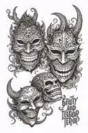 Smile and frown masks with writing "Beauty and Terror, No Feeling is Final"  tattoo design idea