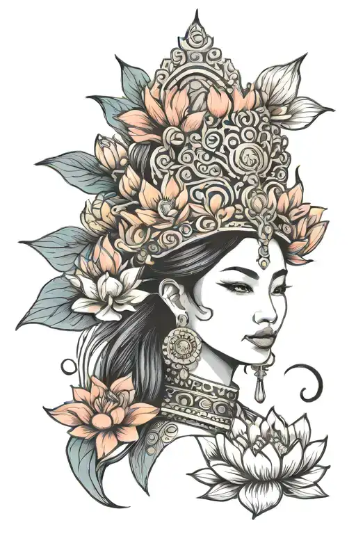 thai woman traditional headdress surrounded by lotus flowers tattoo design idea