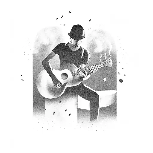 A solitary figure playing a melancholic tune on a guitar surrounded by smoke and empty bottles tattoo design idea